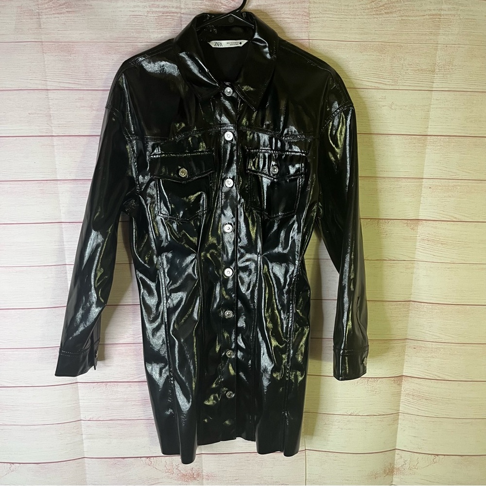 Zara “The Raeh” Black Faux Patent Leather Button Front Dress Size Small